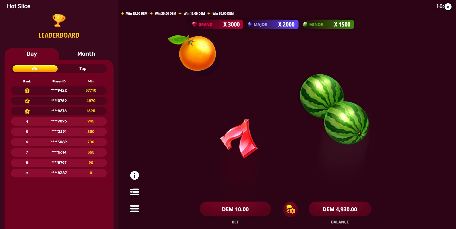 The main gameplay screen of the Hot Slice slot showing various fruits like watermelons and grapes flying up, demonstrating the game's core slicing mechanic.