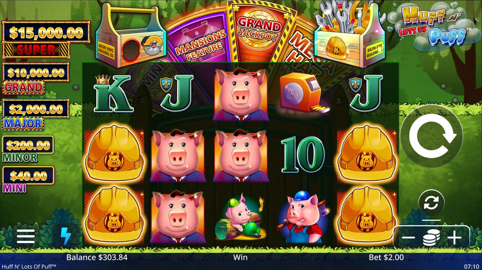 The main game screen of the Huff N' Lots of Puff slot, showing the 5x3 reel layout with pig and toolbox symbols.