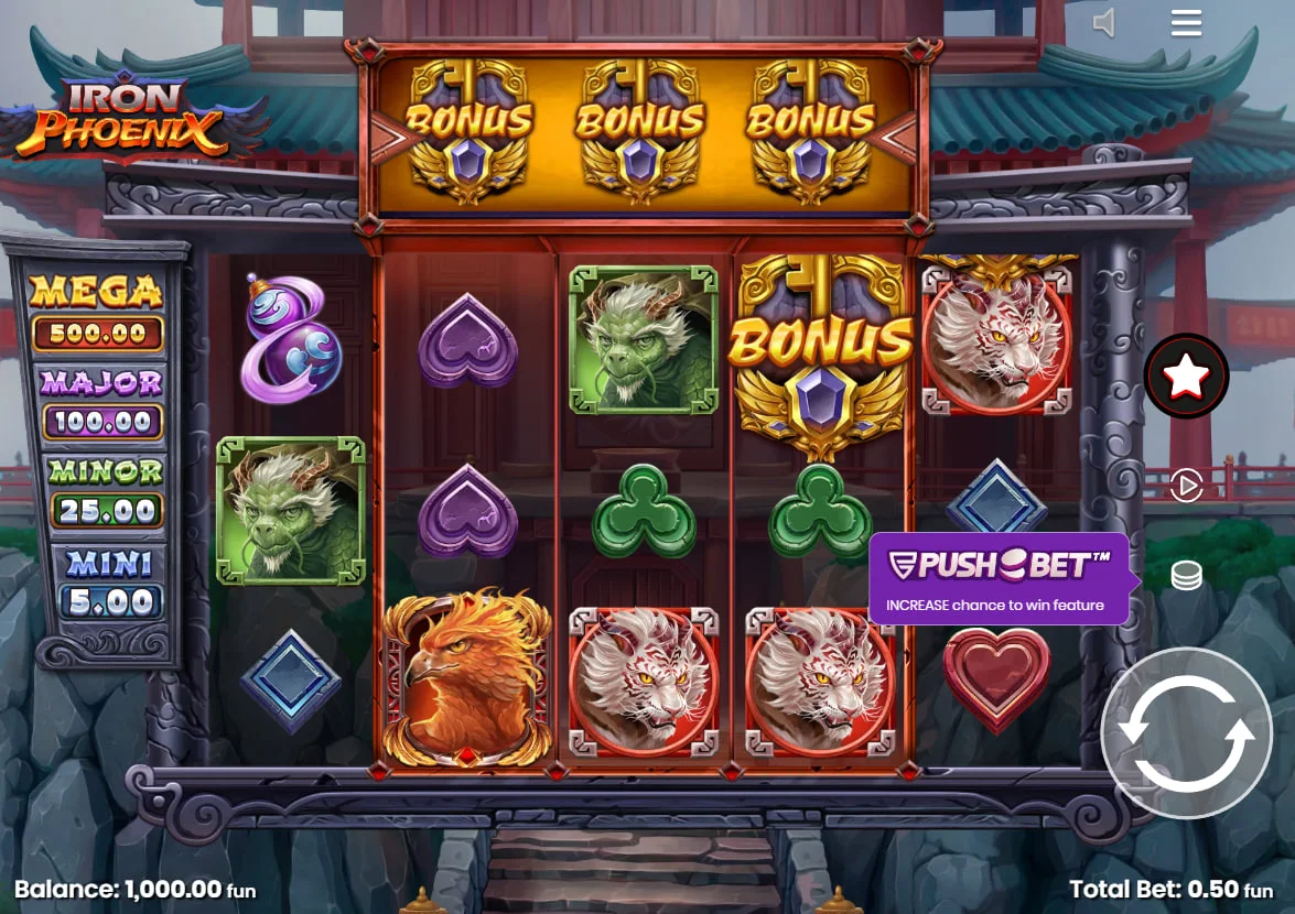 Iron Phoenix slot main interface showing the 5x3 reel grid and four fixed jackpot tiers including the $500 Mega prize.