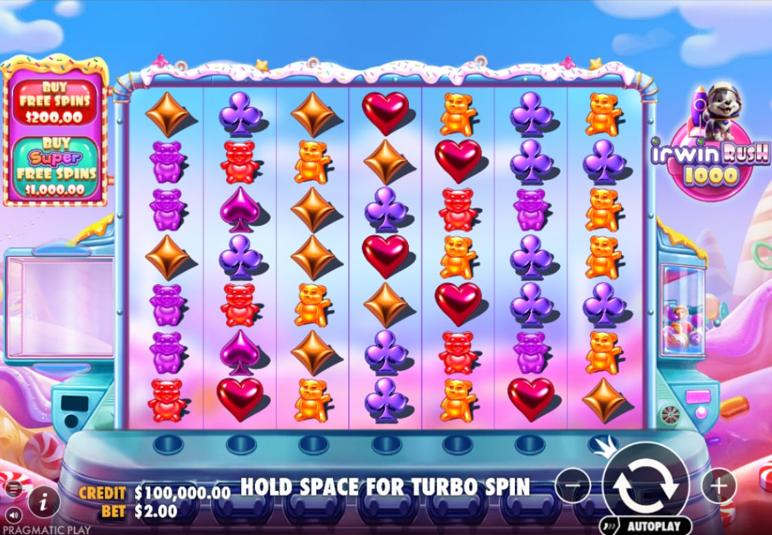 Irwin Rush 1000 slot base game interface 7x7 grid with space dog theme.