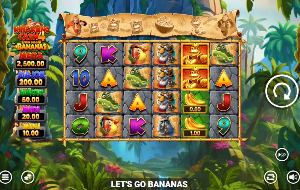 King Kong Cash Even Bigger Bananas 4 slot 6x4 grid set in a lush jungle with fixed jackpots displayed on the left.