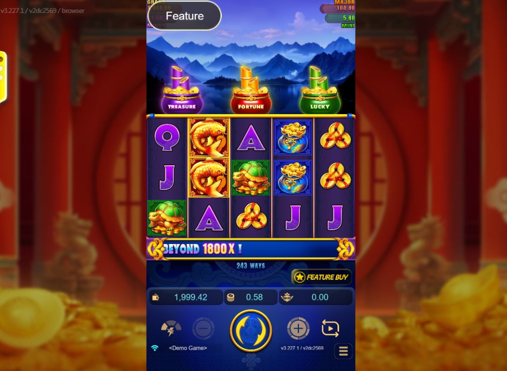 Koi Trio slot base game interface showing 5x3 grid, bamboo frame, and three collection pots.