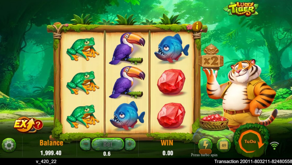 Lucky Tiger slot base game interface showing 3x3 grid, jungle background, and Extra Bet toggle button.