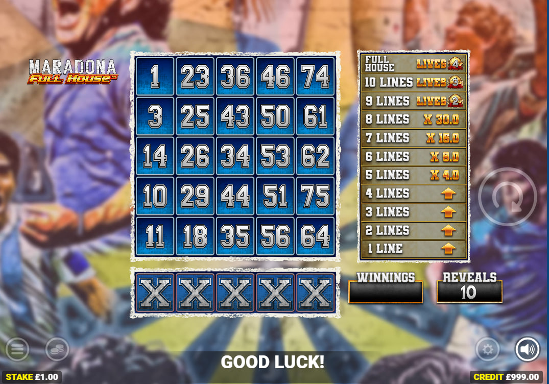 The main game screen of Maradona Full House showing the 5x5 bingo ticket and the bottom reveal bar, illustrating the core bingo-slot mechanic for players.