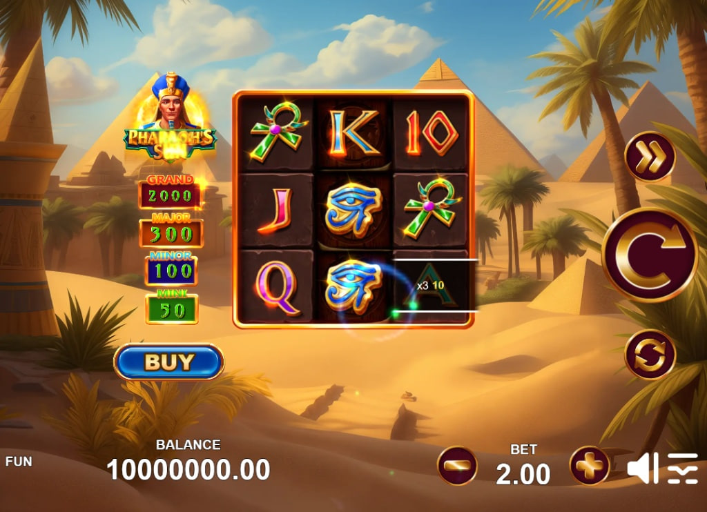 Pharaoh's Sun slot base game interface by Zillion Games showing 5x3 grid and paylines.