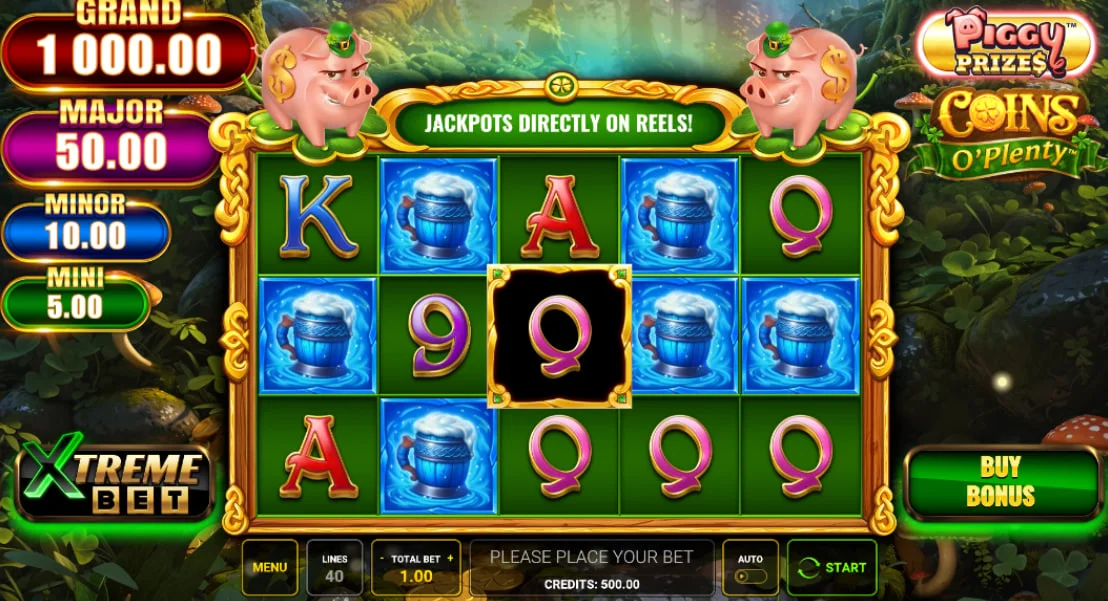 Main 5x3 reel grid of Piggy Prizes Coins O’ Plenty slot showing Irish forest background and fixed jackpots on the left side.