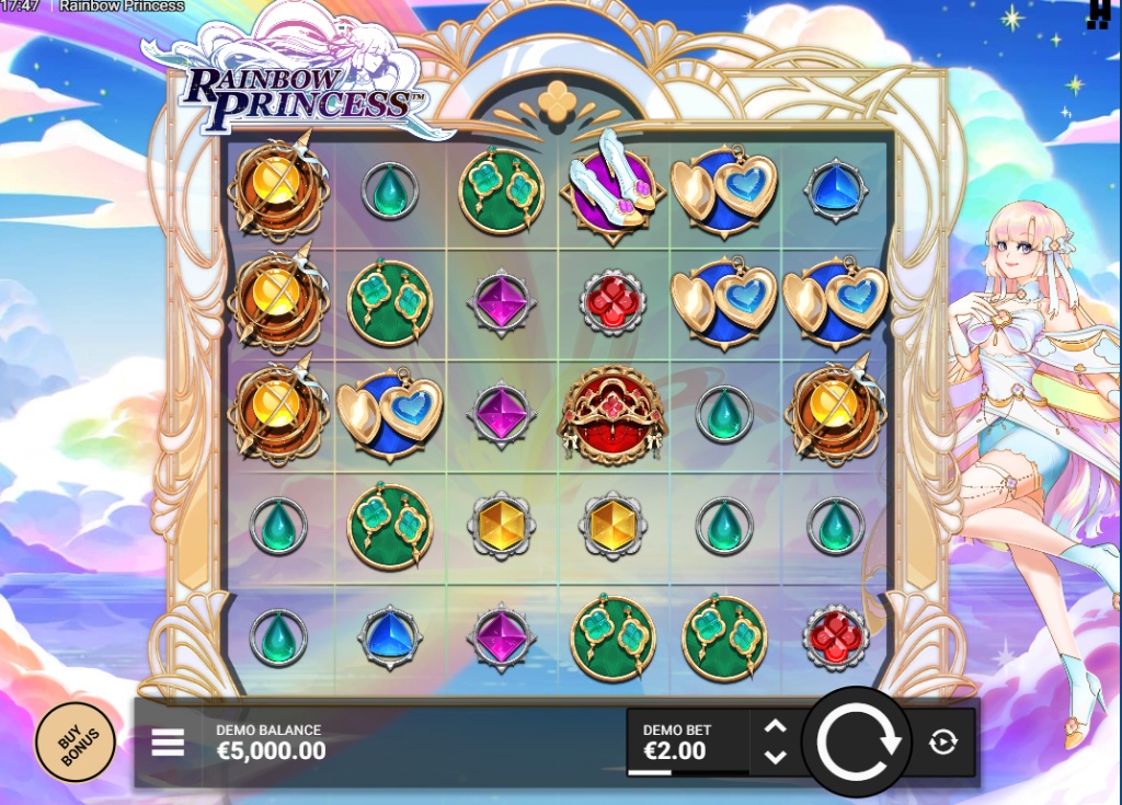 Rainbow Princess slot base game interface showing 6x5 grid, anime princess character on the right, and bet settings.