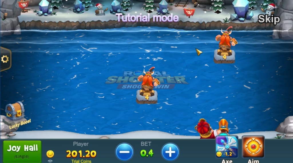 Royal Shooter arcade slot interface showing aiming cursor targeting fantasy monsters on a blue water background.