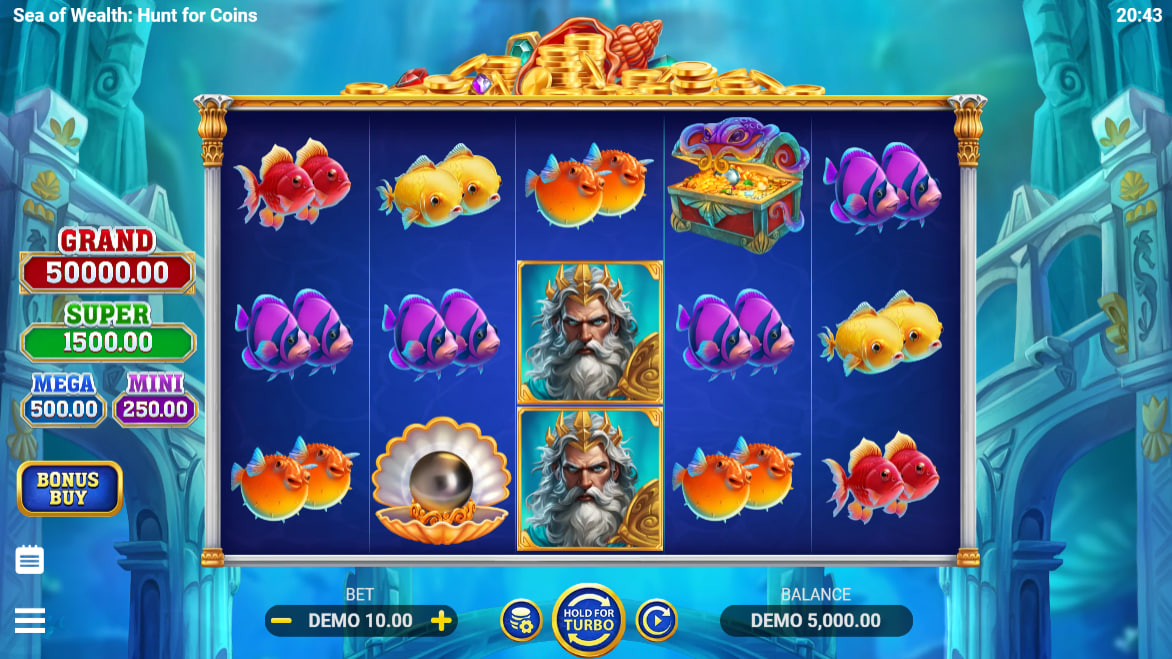 Sea of Wealth Hunt for Coins main game screen with neon fish symbols on a 5-reel grid showing the underwater treasure environment.