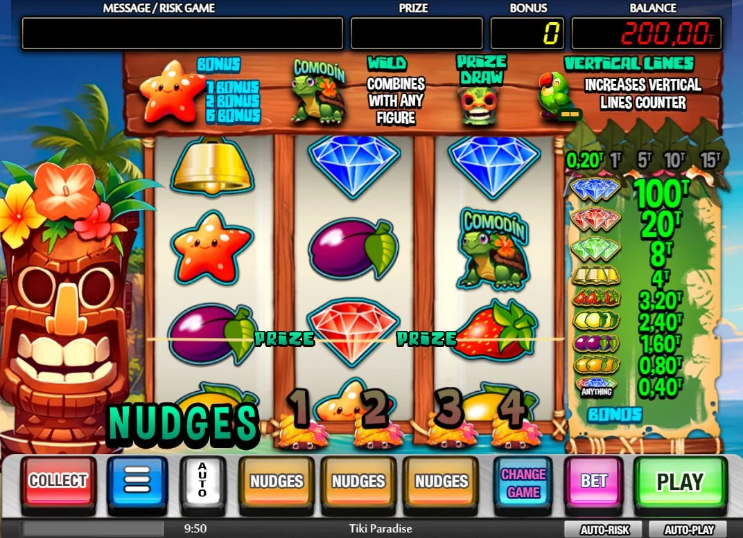 Tiki Paradise slot main 3x3 grid with nudge buttons and visible fruit symbols for tracking current prize progress.