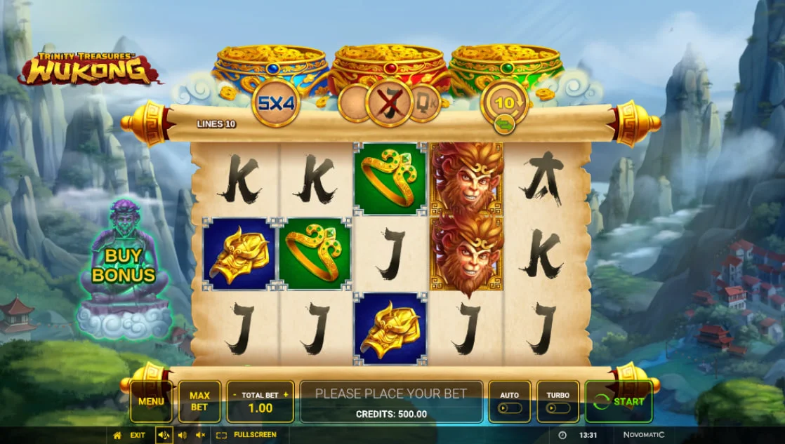 Trinity Treasures Wukong base game grid featuring Sun Wukong symbols on a 5x4 layout showing the standard starting position for players.