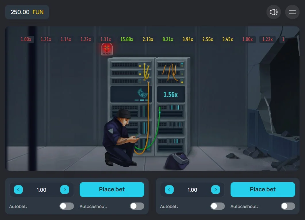 The hacker character working in the server room as the multiplier reaches 5.98x, showing the core win potential of the round.