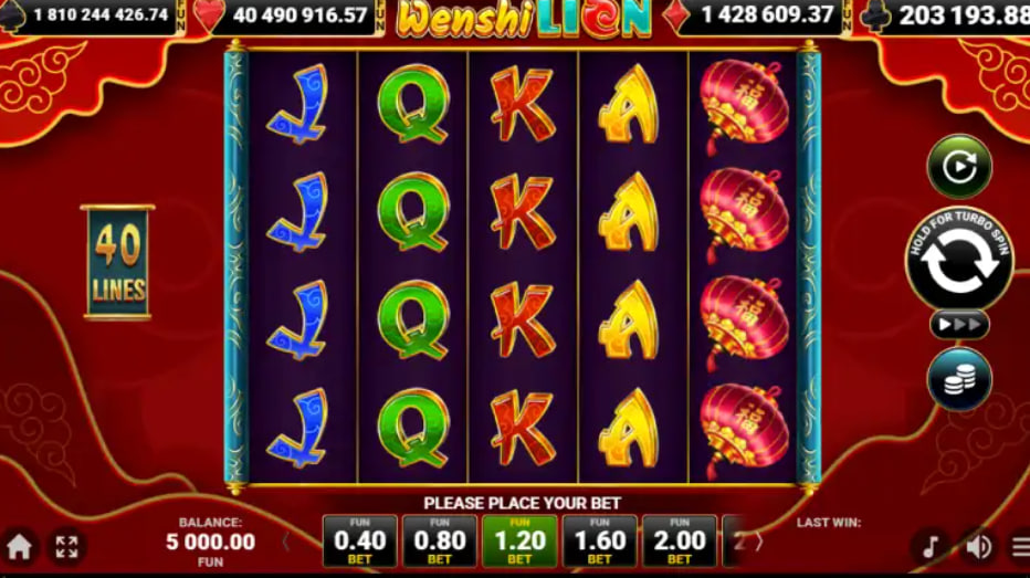 The Wenshi Lion slot machine reels displaying a winning payline featuring the golden lion wild symbol connecting other icons for a payout.