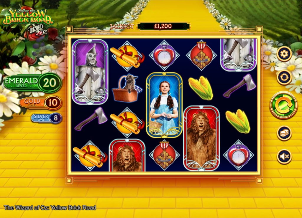 Wizard of Oz Yellow Brick Road slot base game interface showing Dorothy and Toto symbols with Emerald meters