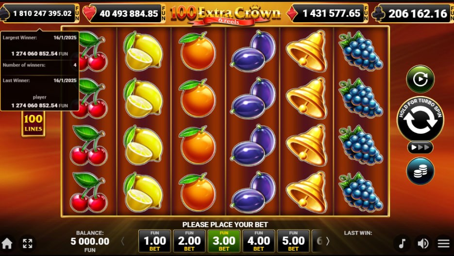 A big win on the 100 Extra Crown slot featuring the expanding Crown Wild symbol across a full reel, showcasing its winning potential.