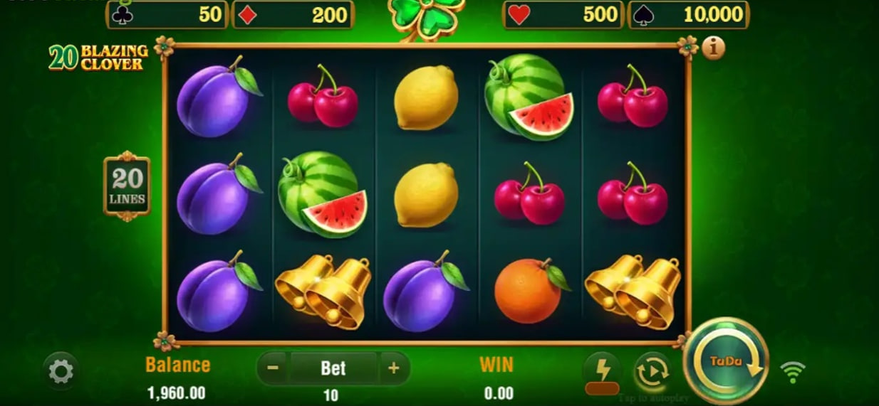 20 Blazing Clover slot base game interface featuring 5x3 grid with fruit symbols like plums, watermelons, and cherries on a green background.