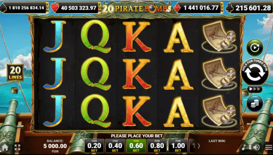 The 5x3 reel layout of the 20 Pirate Bombs slot by Amusnet, showing the game's colorful symbols on a pirate ship deck.
