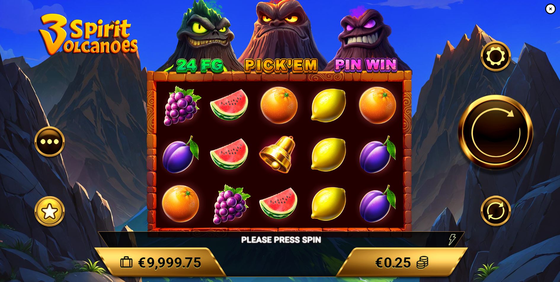 The 5x3 reel layout of the 3 Spirit Volcanoes slot, showcasing the fruit symbols and the three volcano spirits above the grid.