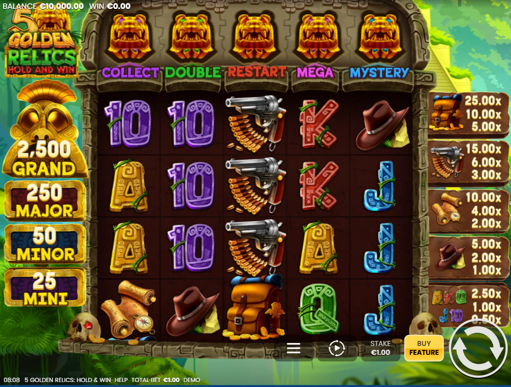 Main 5x4 grid of 5 Golden Relics Hold and Win showing jungle background and power relics above the reels for feature tracking.