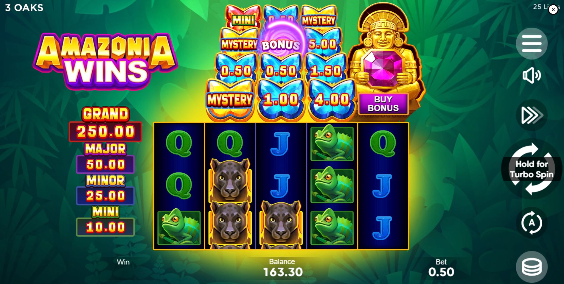 The main 5x3 game grid of the Amazonia Wins slot, showing the jungle theme and the special Extra Board with prizes above the central reels.