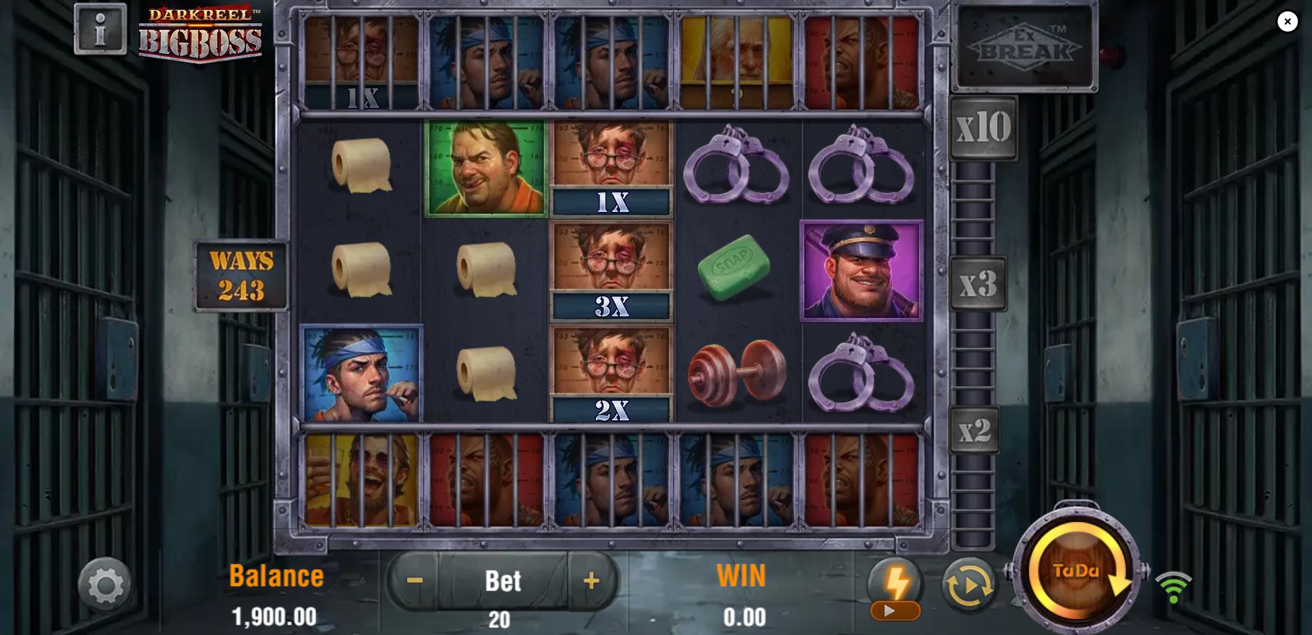 The base game grid of the Big Boss slot, showing the initial 5x3 layout with 243 ways and locked side reels.
