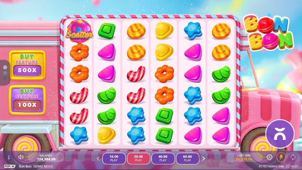 The 6x6 game grid of the BonBon slot by PopOK Gaming during base gameplay.