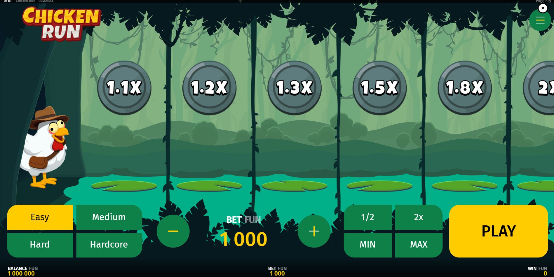 The starting screen of the Chicken Run demo, showing the four selectable difficulty levels and the bet interface before a round begins.
