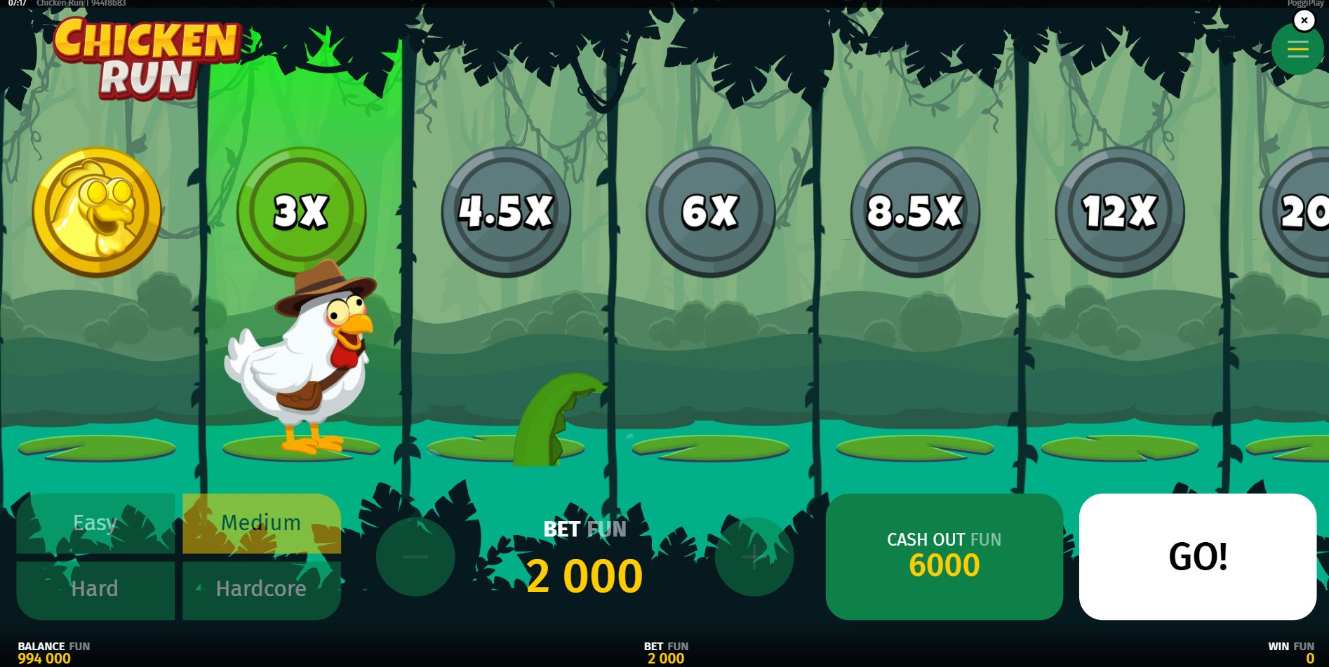 A mid-game screenshot from the Chicken Run slot showing the chicken on a safe lily pad with the active CASH OUT and GO buttons.