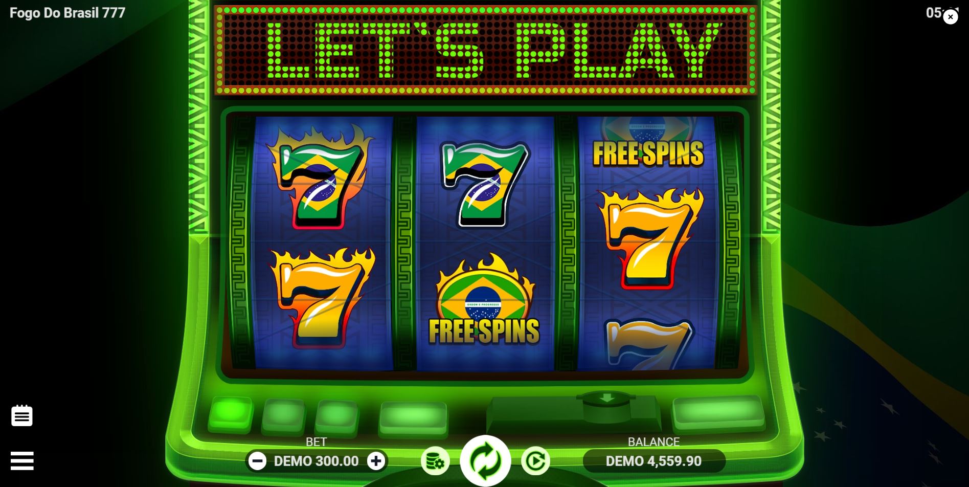 Fogo Do Brasil 777 slot base game screen with the 3x5 reel layout and empty symbols.
