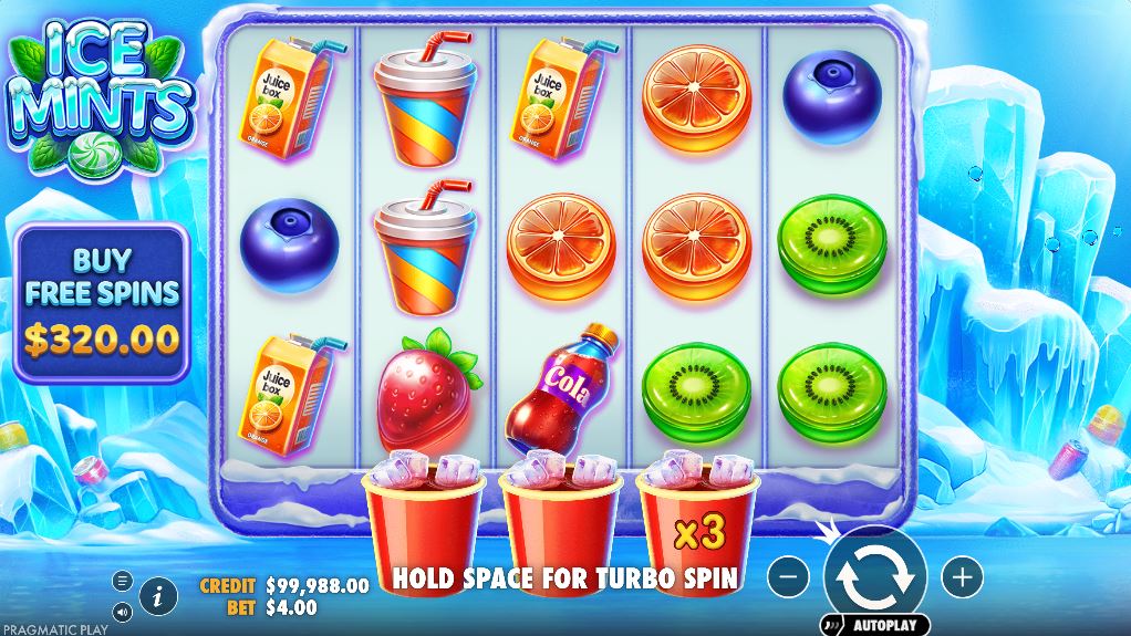 Ice Mints slot base game screen with multiplier cups feature displayed.