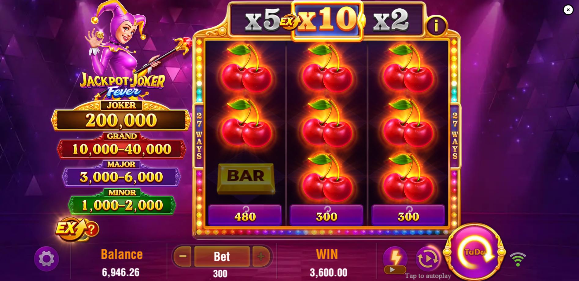 The base game screen of Jackpot Joker FEVER slot, showing the 3x3 reel layout and the female jester character.