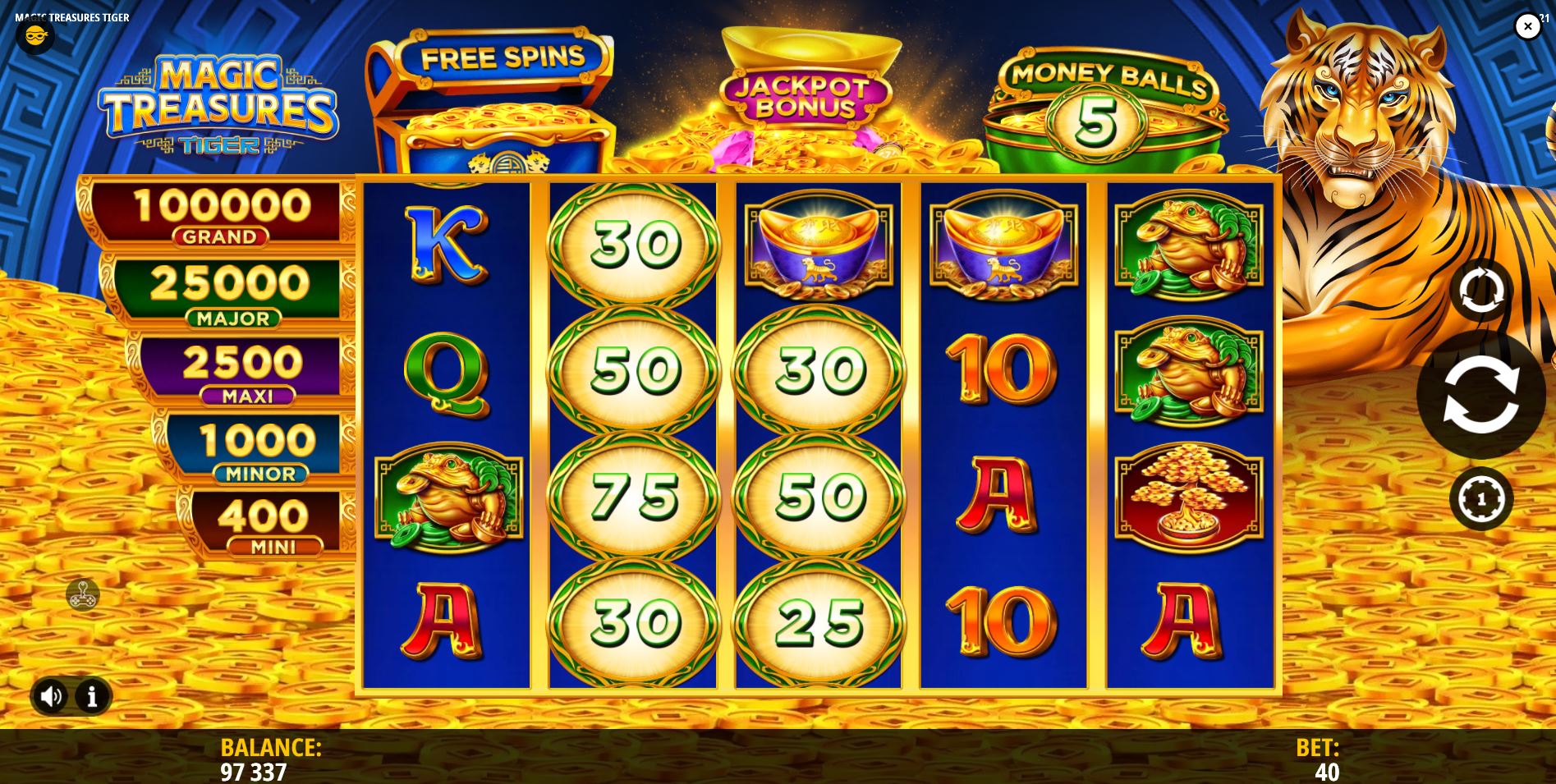 The main 5x4 game grid of the Magic Treasures Tiger slot, showing the jackpots on the left and the Tiger guardian above.