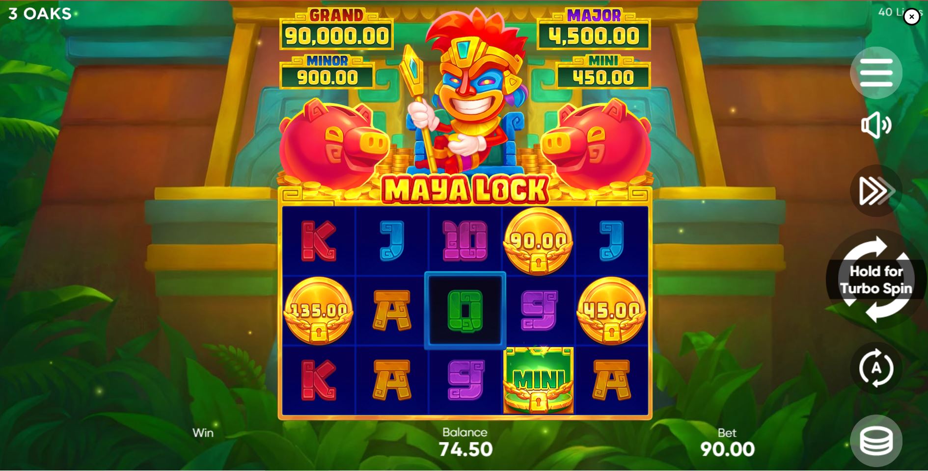 The 5x3 reel layout of the Maya Lock slot, set against a vibrant Mayan temple background, showing various game symbols.