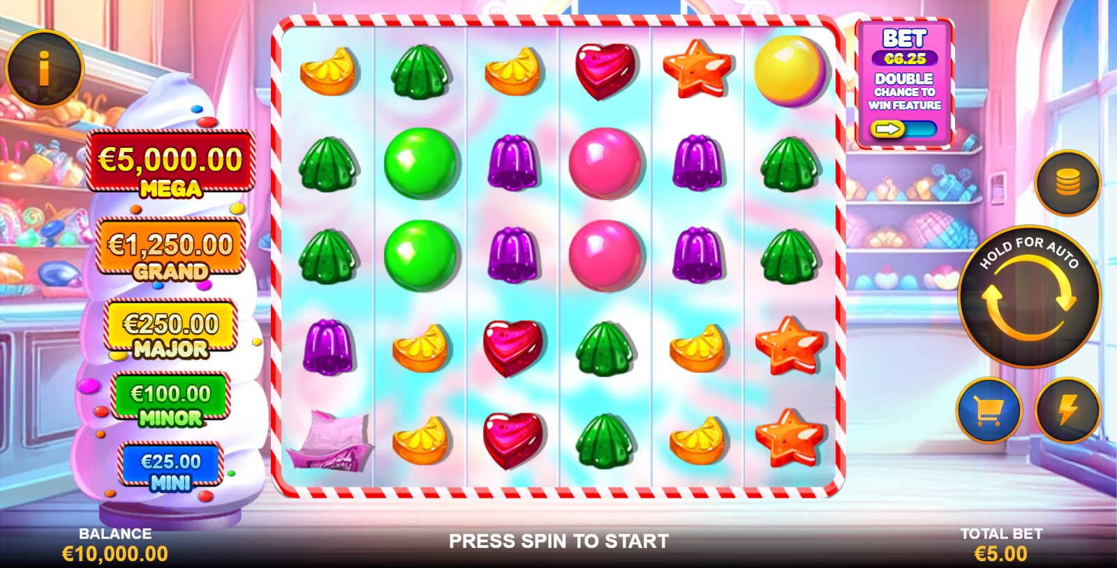 Bubblegum Burst slot base game screen showing the 6x5 grid and the five fixed jackpots on the left.
