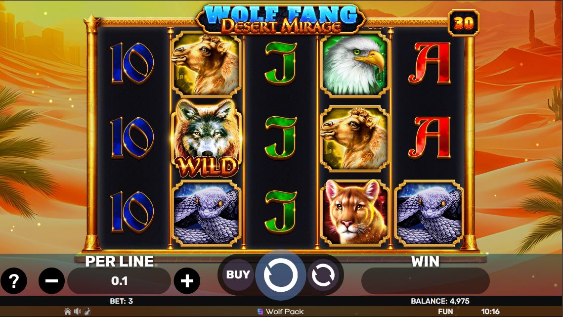 The base game screen of Wolf Fang - Desert Mirage slot, showing the 5x3 reel layout and desert theme.