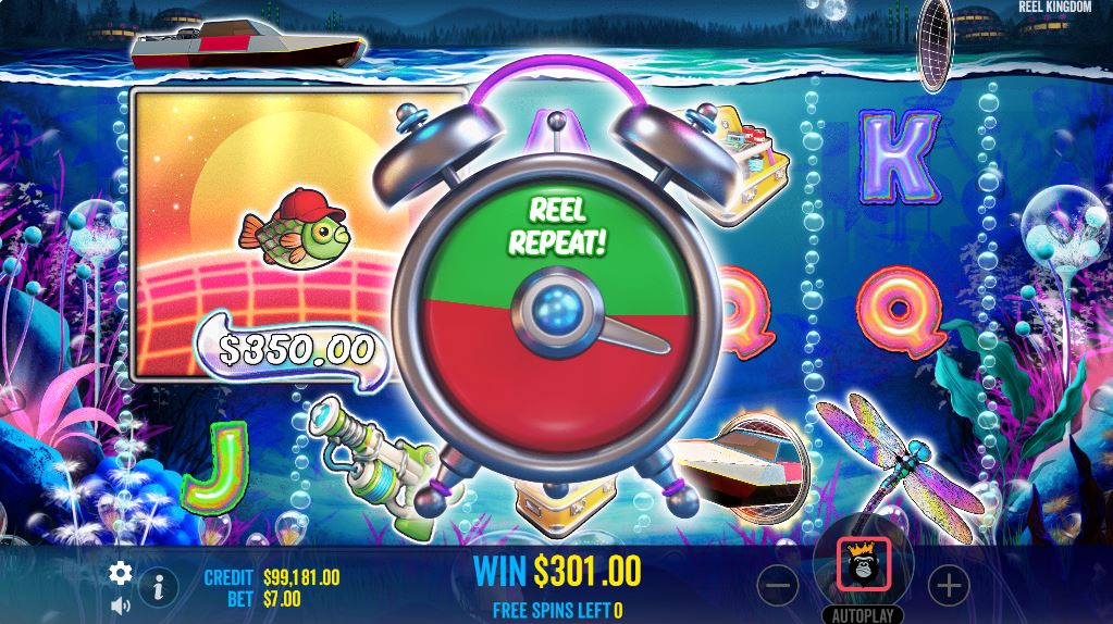 The Reel Repeat feature activating in Big Bass Reel Repeat slot, showing an alarm clock symbol over the reels.