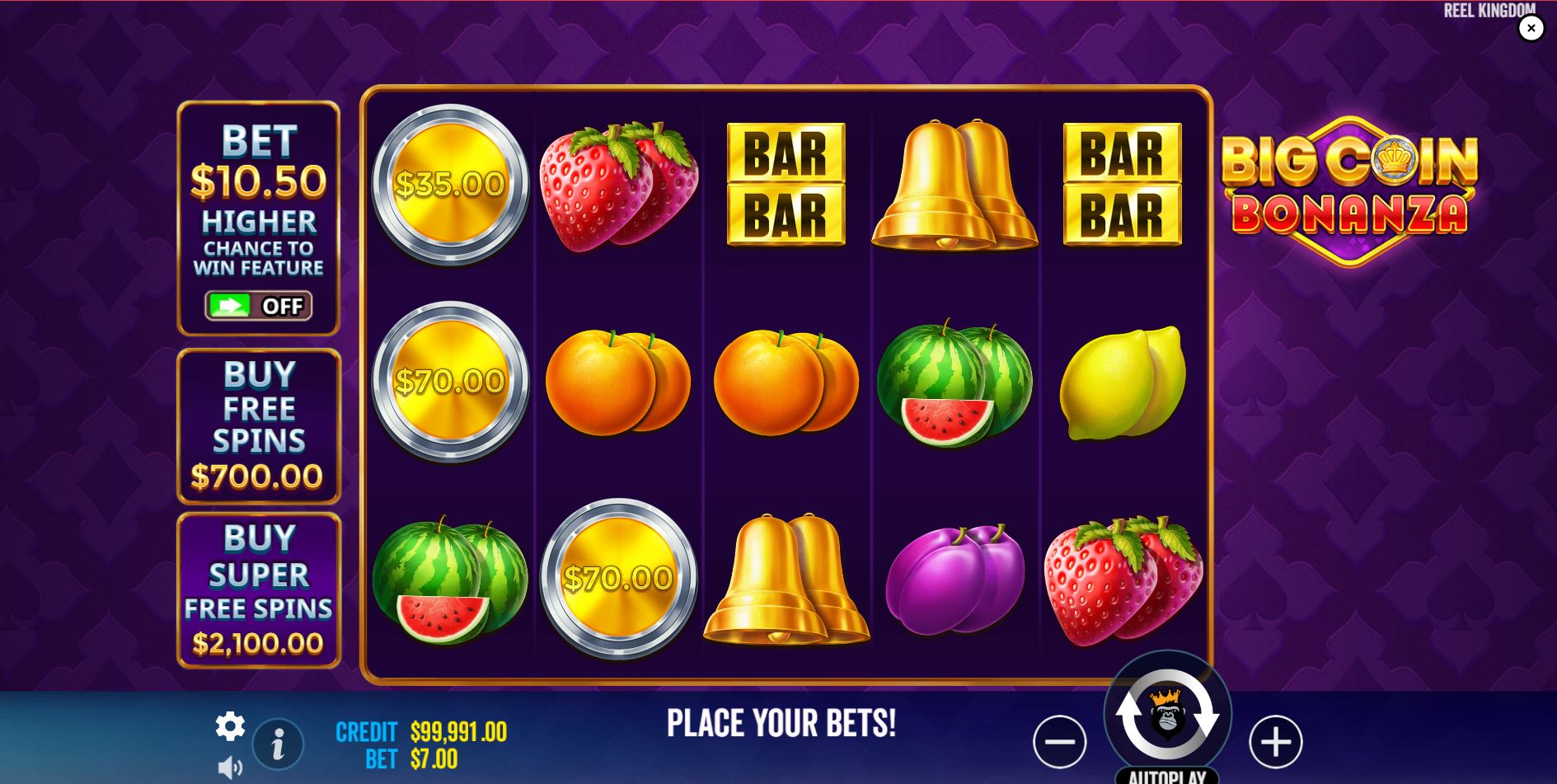 The main game grid of the Big Coin Bonanza slot, showing classic fruit symbols.