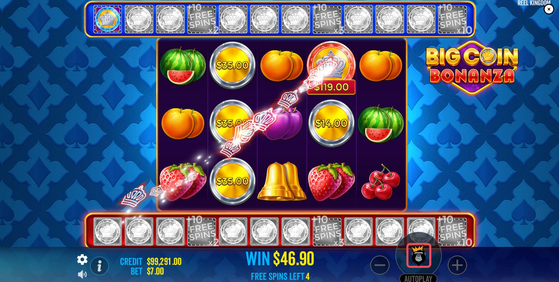 The Free Spins round in Big Coin Bonanza with both Blue and Red Crown collectors on the reels.