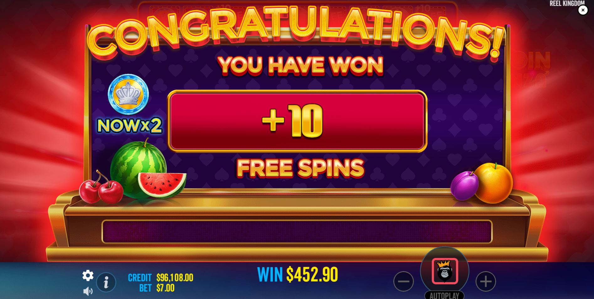 The retrigger screen in Big Coin Bonanza awarding +10 free spins and a 2x multiplier.