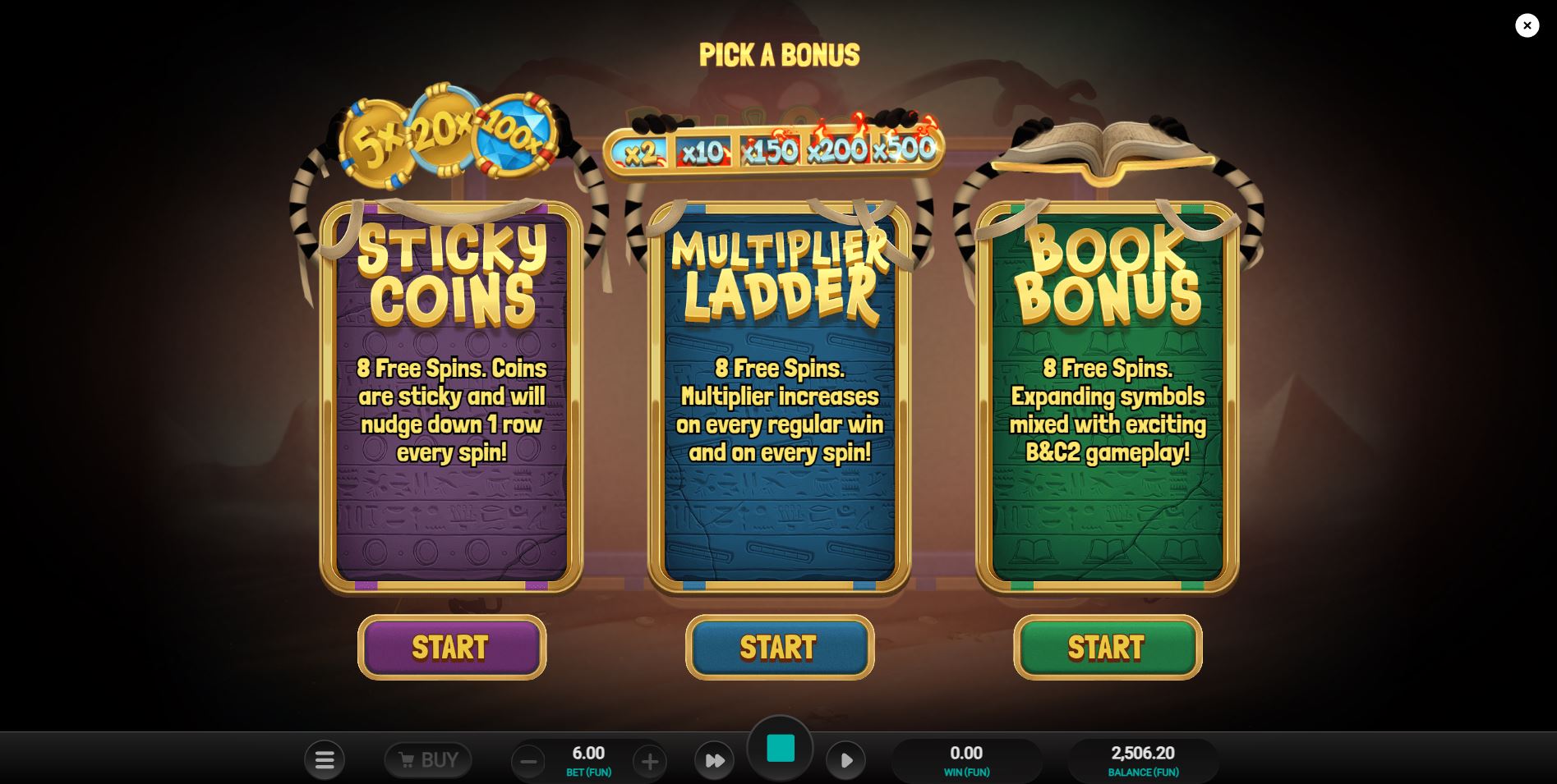 The bonus selection screen showing Sticky Coins, Multiplier Ladder, and Book Bonus options.