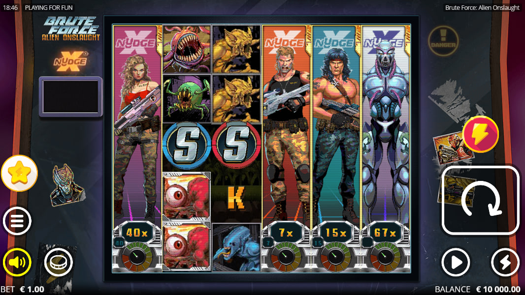 An xNudge Wild symbol fully expanded on a reel in the Brute Force slot, showing the win multiplier mechanic in action for the player.
