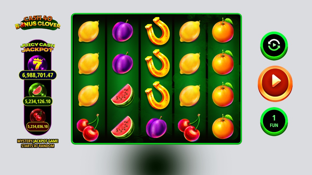 Base game interface of Cash 40 Bonus Clover slot showing 5x4 grid and fruit symbols