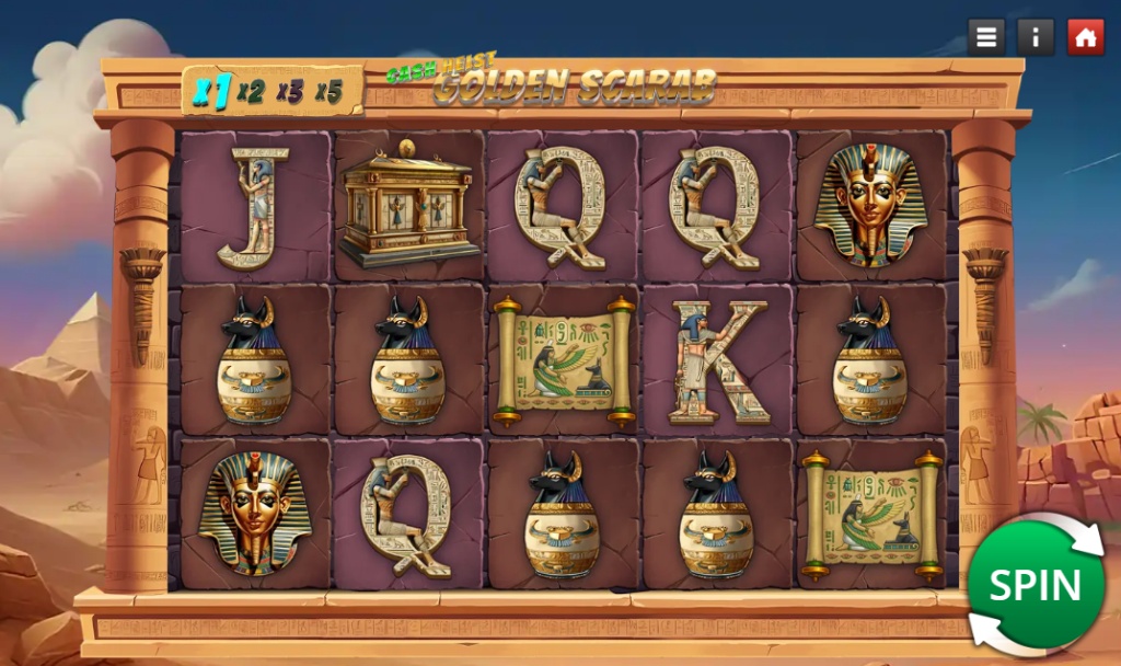 The main game screen of the Cash Heist Golden Scarab slot, featuring a 5x3 grid with Egyptian symbols and a win multiplier indicator.