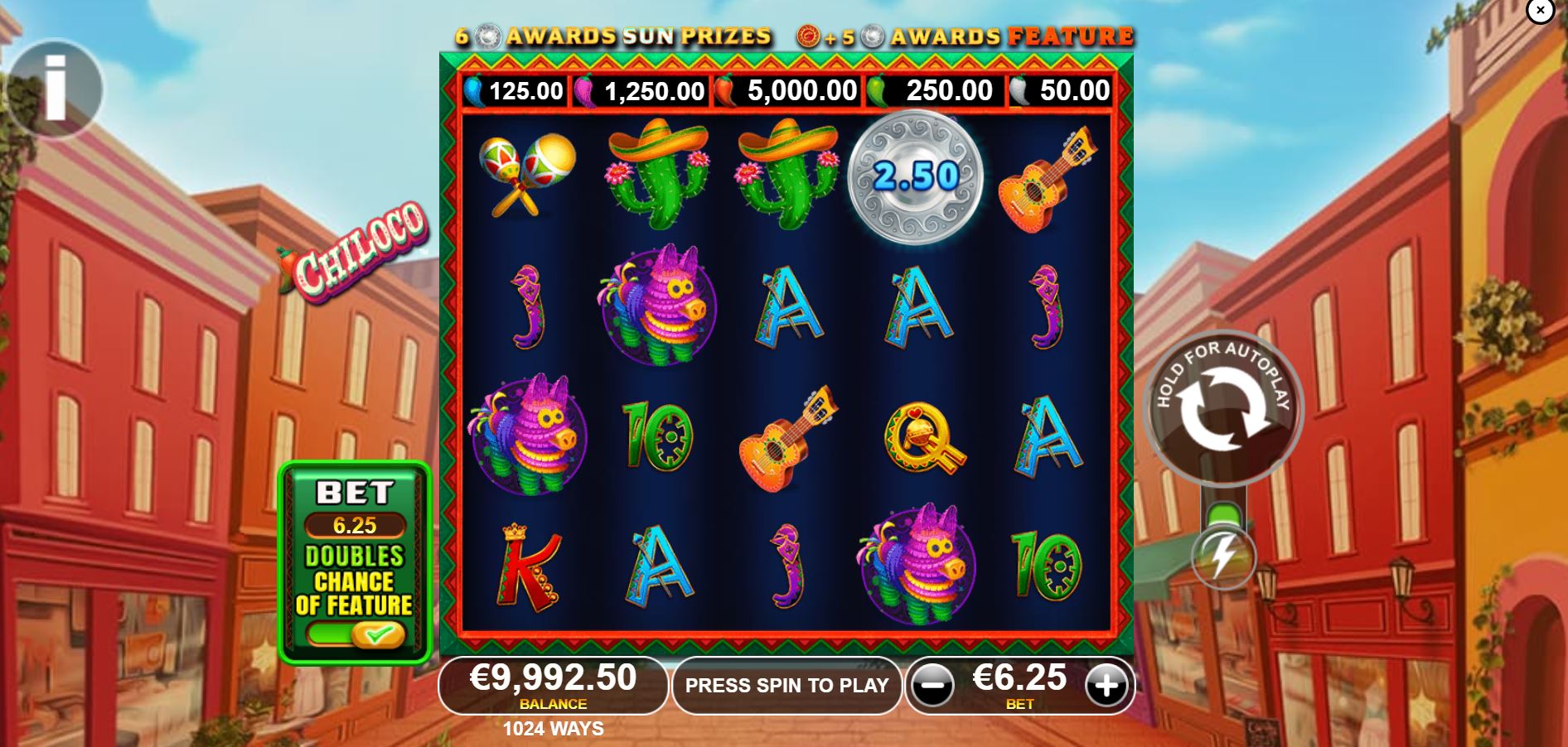 Chiloco slot machine base game grid with 1024 ways to win.