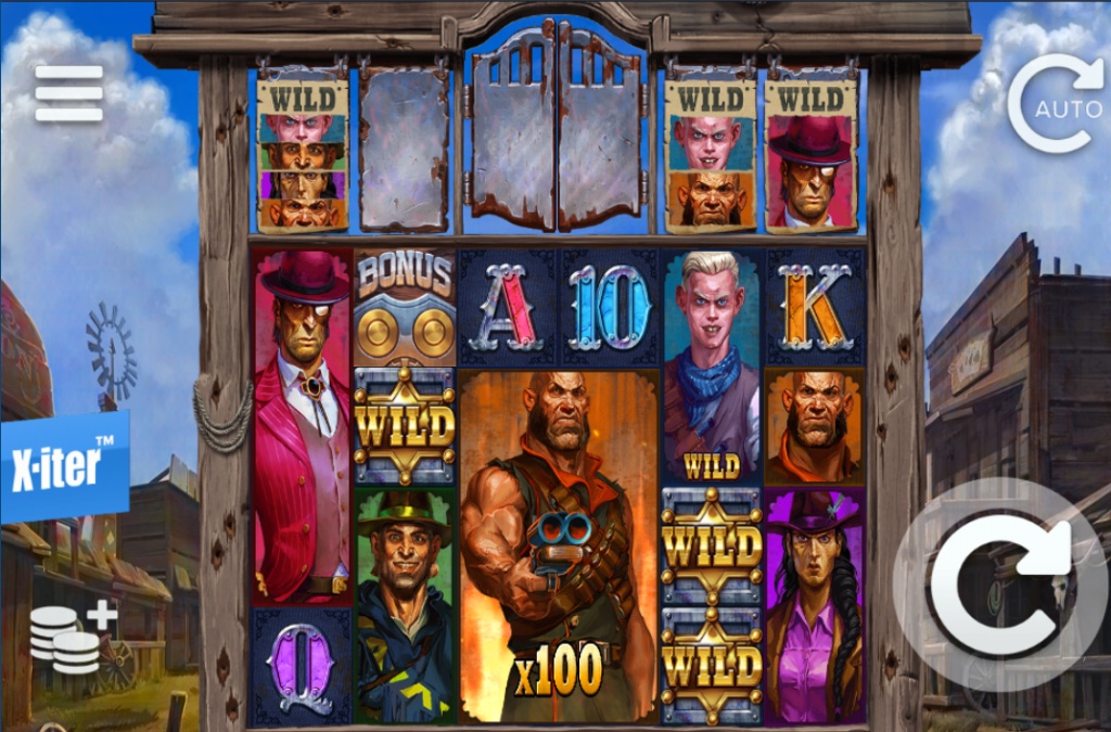 Deadeye slot base game interface by Elk Studios showing 6x4 reel grid, wooden saloon background, and Wild West character symbols.