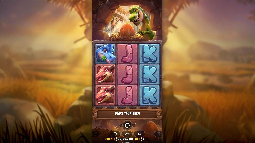 Dino Drop slot base game view with dinosaur symbols on a 3x3 grid