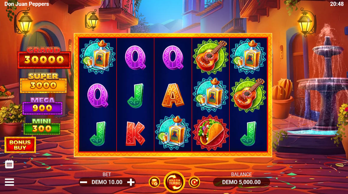 Main 5x3 reel grid of Don Juan Peppers slot showing donkey and tequila symbols with fixed jackpots on the left for player reference.