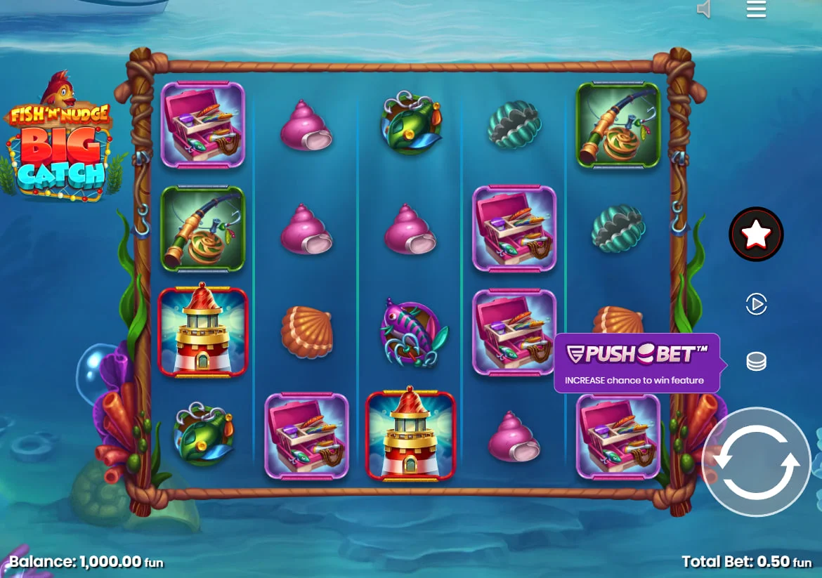 Fish 'n' Nudge Big Catch slot base game screen showing the 5x4 reel grid with lighthouse symbols and nudging net overlays for cash collection.