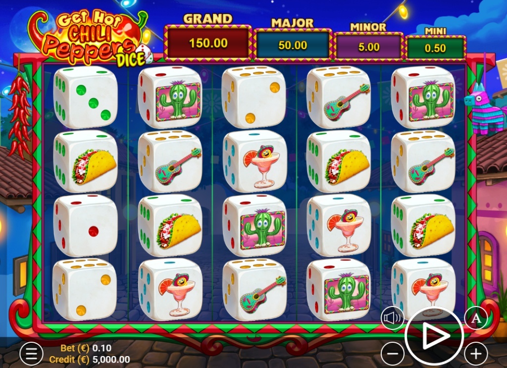 Get Hot Chili Peppers Dice slot base game interface showing 5 reels with dice symbols and Mexican festive background.
