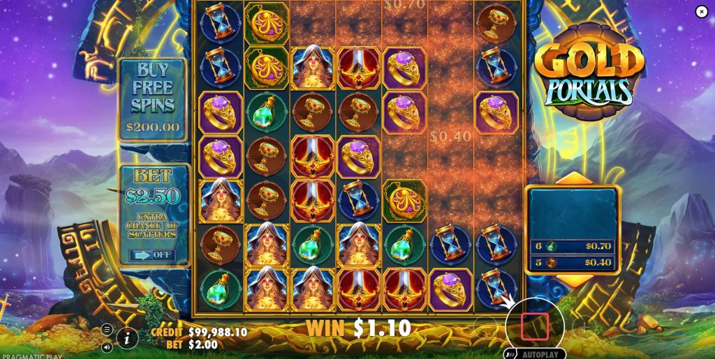 A large winning cluster of symbols in the Gold Portals slot game.